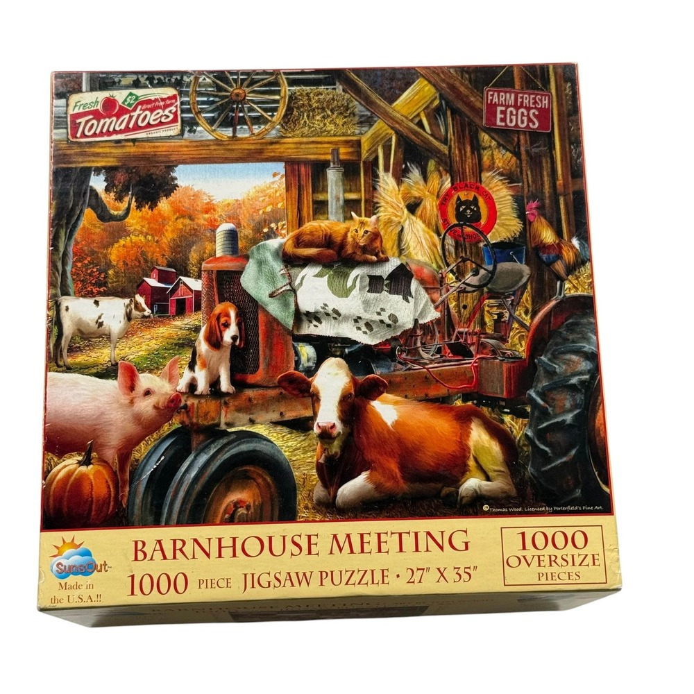SunsOut Barnhouse Meeting 1000 Pcs Jigsaw Puzzle Tom Wood Farm Animals UNCOUNTED